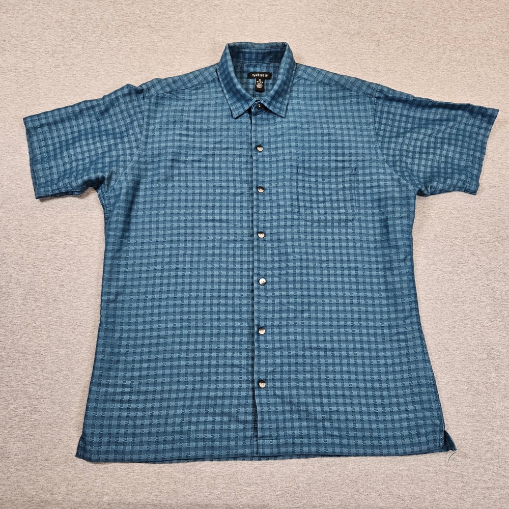 Van Heusen Mens Medium Teal Blue Textured Check Short Sleeve Button Down Shirt
